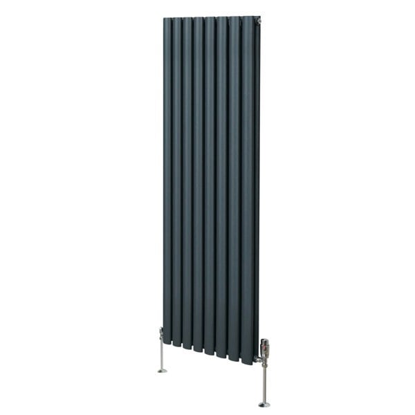 Anthracite grey oval column radiator, 1600mm x 480mm, featuring a sleek vertical design with smooth, textured panels and stylish valves