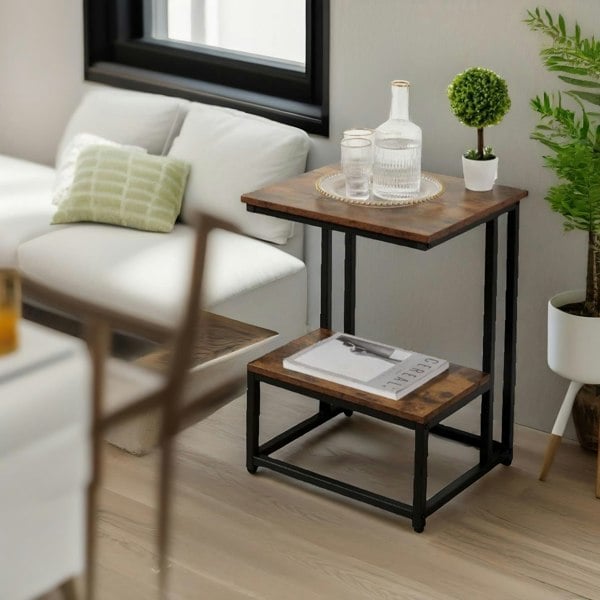 Rafaelo Mobilia Industrial Double Tier C Shaped Side Table Rustic Brown