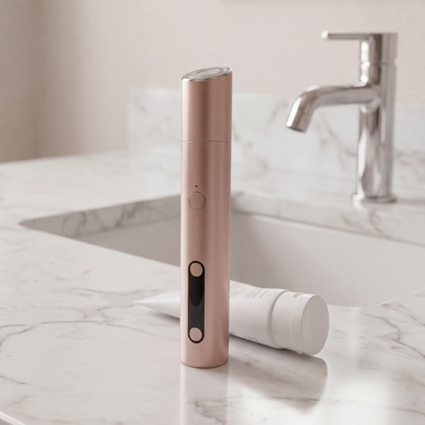 Close-up of the Innocera Max™ skincare device standing beside the Innocera Conductor Gel on a marble bathroom counter, with a chrome tap and sink in the background.