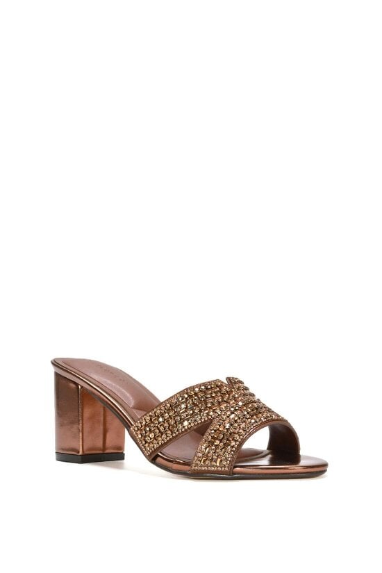 XY LONDON Sparkly Diamante Strappy Mid Block Heeled Sandal Mules