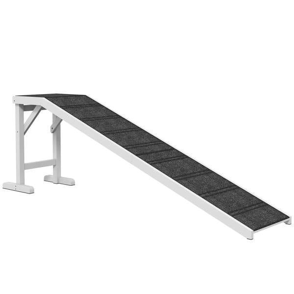 Dog pet ramp with dark non-slip carpet tread and white frame, top platform