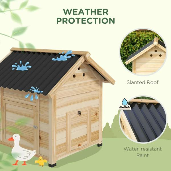 Natural wood duck house with slanted roof and ventilation holes