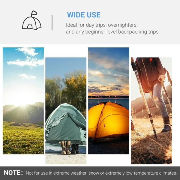 Blue tunnel camping tent shown with carry bag, ground nails, and roll ropes
