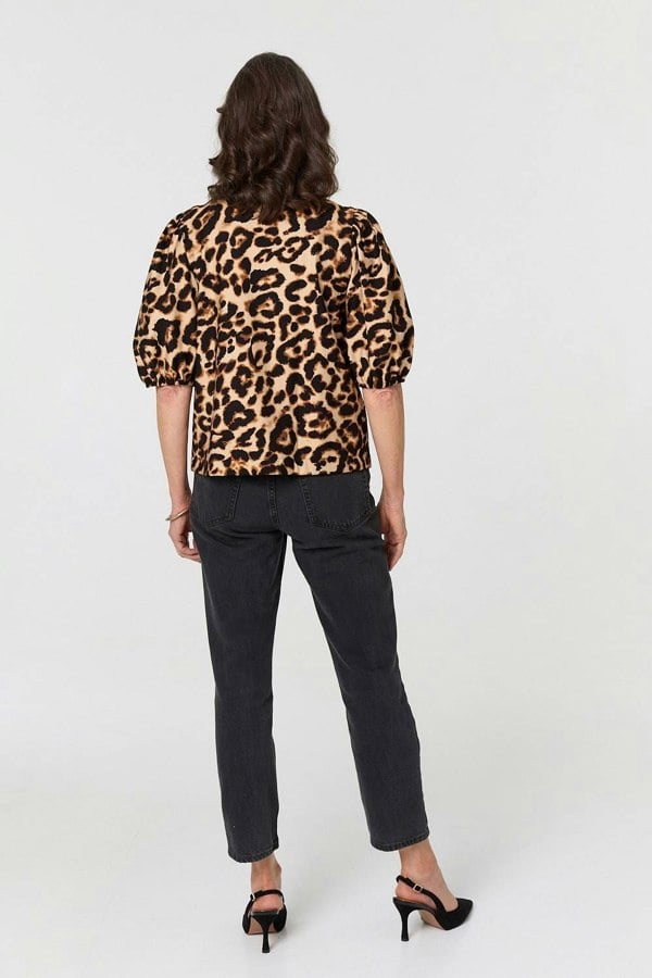 Beige | Animal Print Bow Front Puff Sleeve Shirt