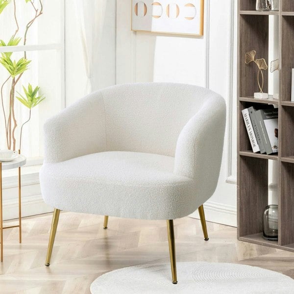 White Boucle Teddy Fabric Armchair with Metal Legs Tub Chairs Living and Home