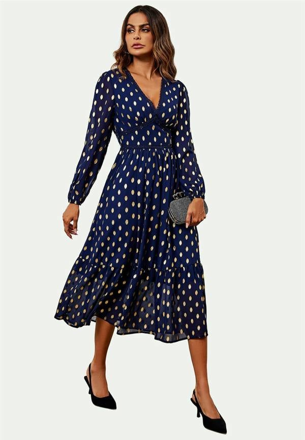 FS Collection Lace Trim Foil Long Sleeve Maxi Dress In Navy