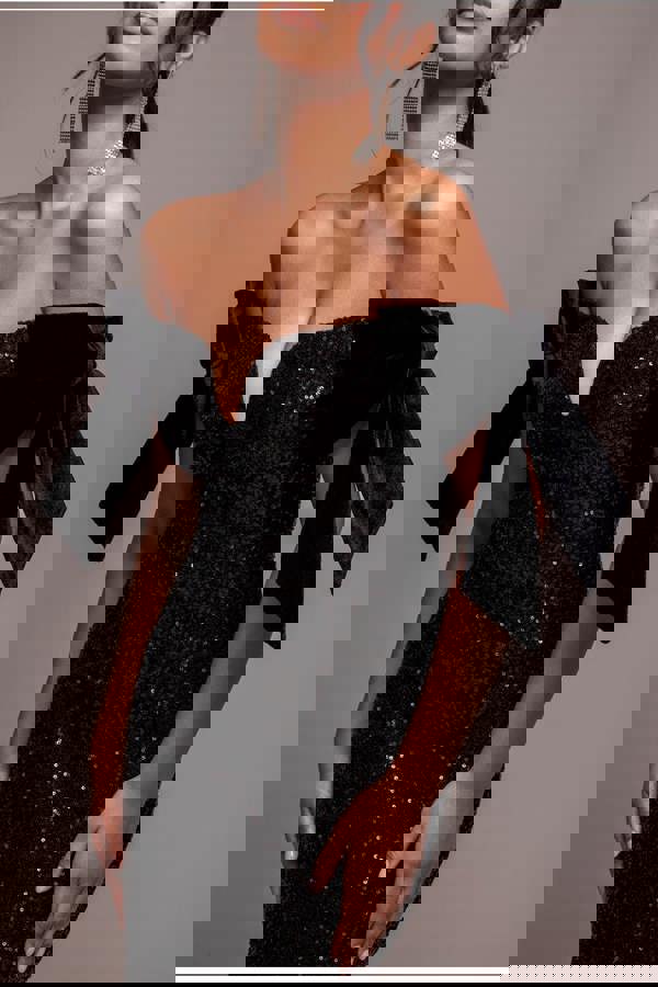 Sequin Off The Shoulder Velvet Bow Midi Dress - Black DR4895