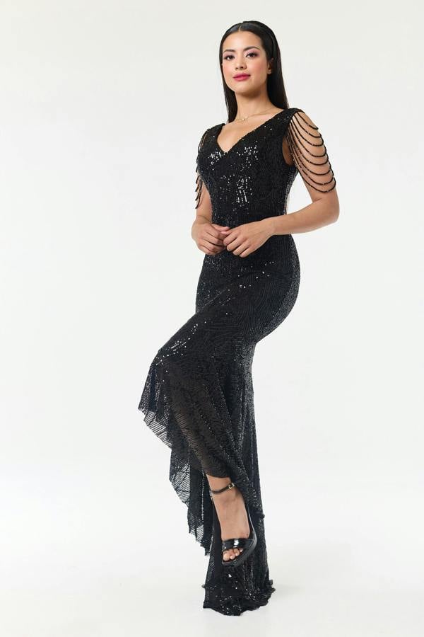 LuvForever Black Jewelled Hi-Lo Sequin Dress