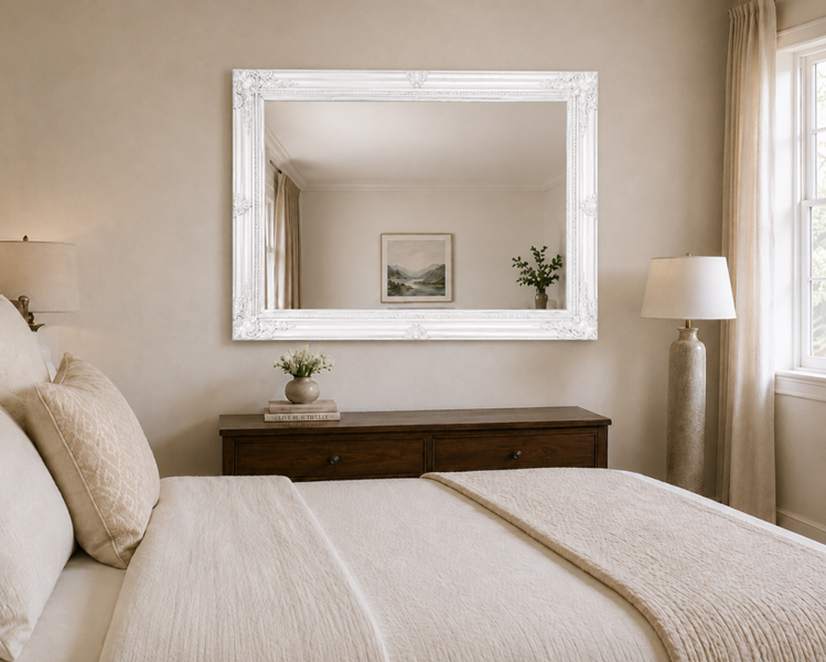 Downton Interiors Antique Style Extra Large White Wood Frame Wall Mirror 106cm x 75cm
