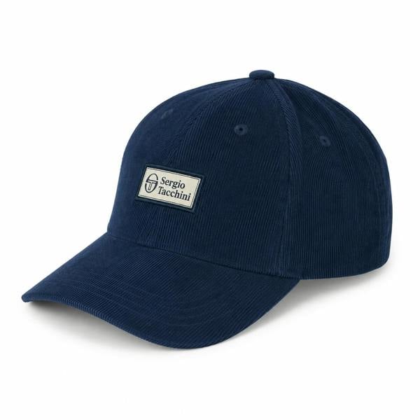 Maritime blue corduroy baseball cap with a rectangular Sergio Tacchini logo patch in gardenia white.