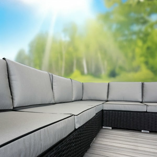 Furnishings For Less L Shaped 9 Seater Black Rattan Patio Set With Fire Pit Table