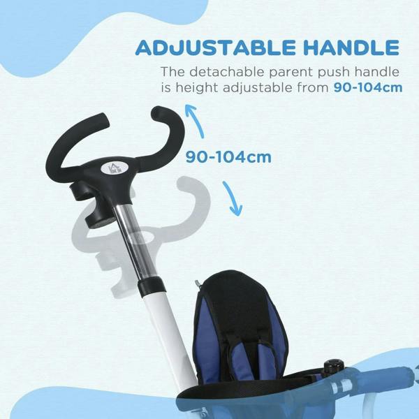 Adjustable dark blue parent push handle for 3-wheel baby tricycle