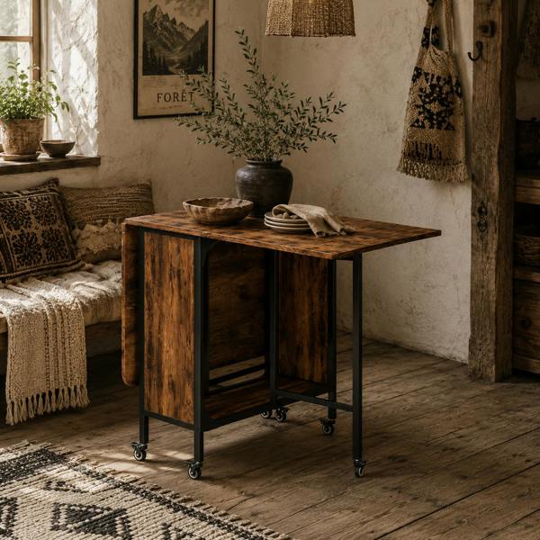 Wyld Haus Nilanana Wooden Rustic Brown And Black Drop Leaf Dining Table Seating 6