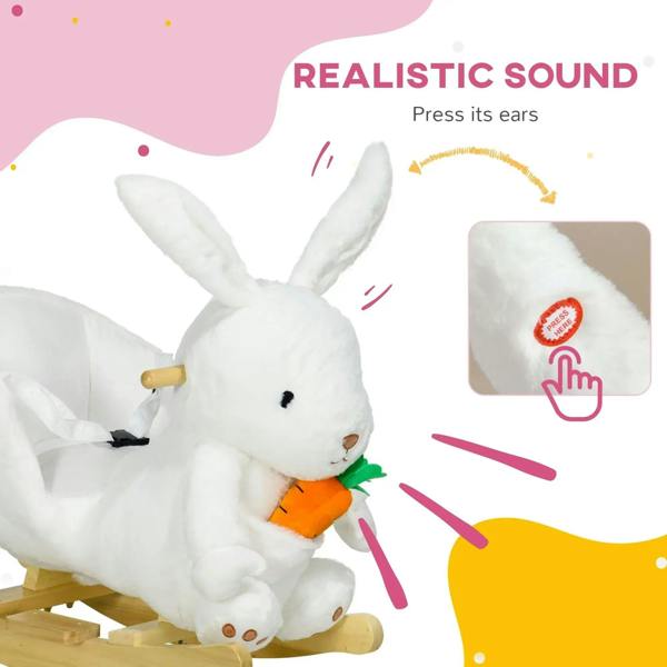 White rabbit-shaped rocking horse with plush rabbit and wooden rocking base