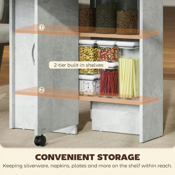 Grey table with two-tier built-in shelves for storage inside the side panel