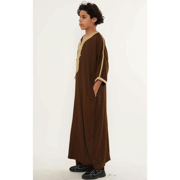 Boy's Moroccan Thobe Half Sleeve Gandoura Embroidery Kaftan - Brown Beige - Thobez - 6