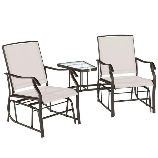Outdoor gliding chair set with beige cushions and dark frames, plus glass-top table