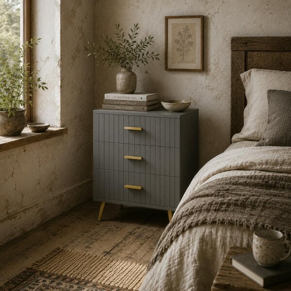 Wyld Haus Momase Tall Wooden Grey And Gold Tone 3 Drawer Embossed Bedside Table