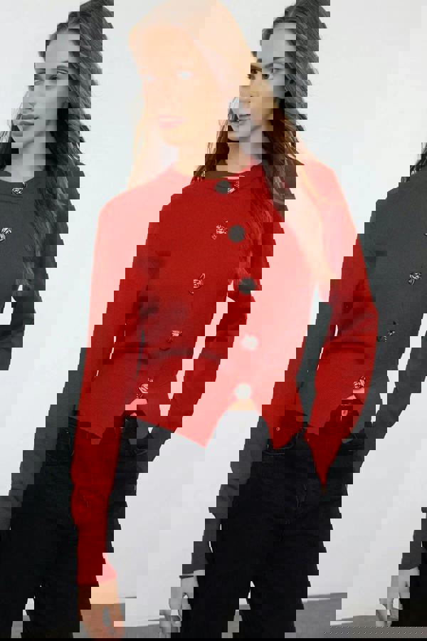 WOVCOR Premium Yarn Crop Knit Cardigan with Rose Button Detail