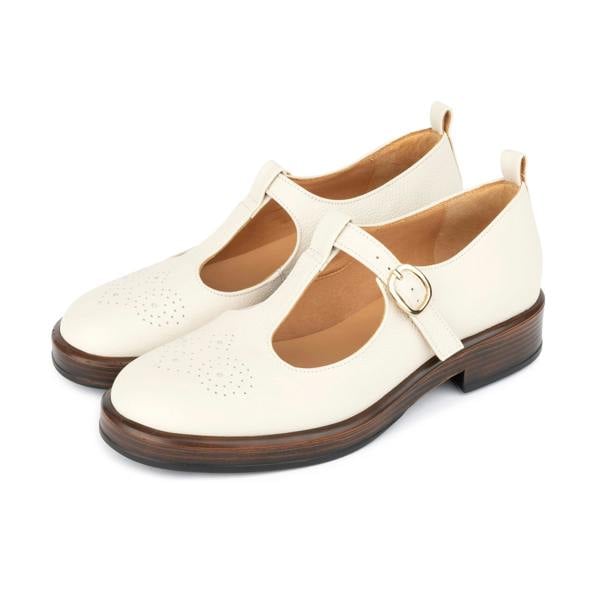 Embassy London Bloom - Cream - Women's Textured Leather T-Bar Shoe with Brogue Detail