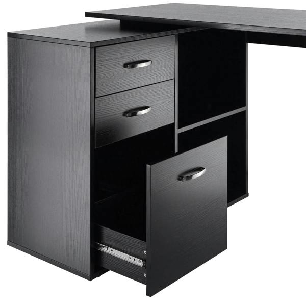 Black desk storage cabinet with two drawers, open shelf cubby, and hinged cabinet door