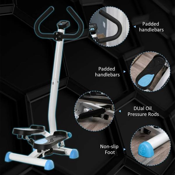 Blue twister stepper with padded handlebars, non-slip feet, dual pressure rods
