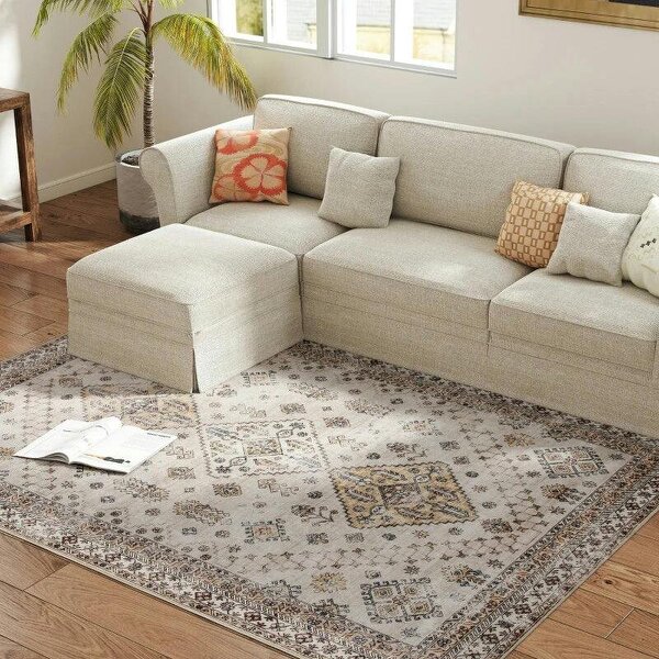 Vintage Area Rug, Non-Slip Washable Rug, Flannel Floor Carpet for Living Room, Bedroom, Dining Room, Home Office, 230 x 160 cm, Beige