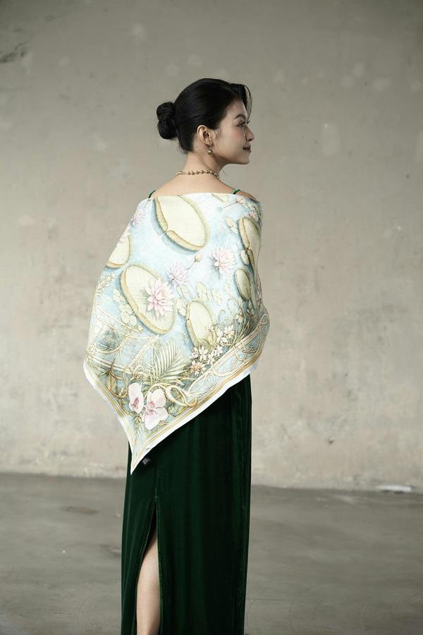 Waterlily House Twill Silk Scarf – Printed Mulberry Silk, Botanical Gift for Her