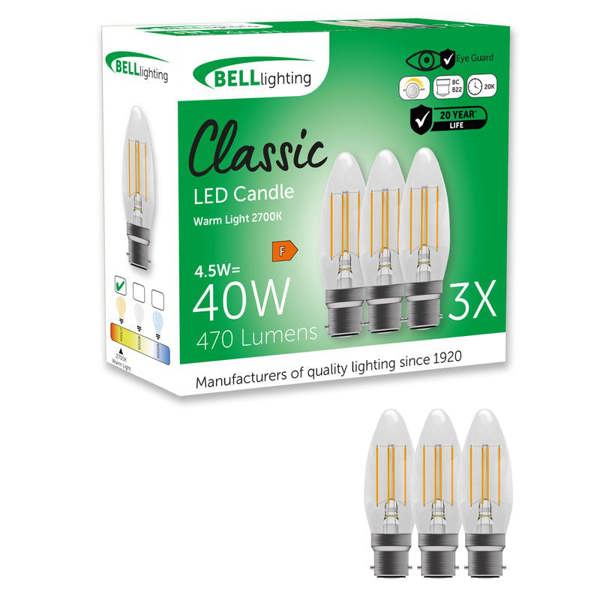 BELL Lighting B22 Bayonet Dimmable LED Filament Candle 4.5W Light Bulbs