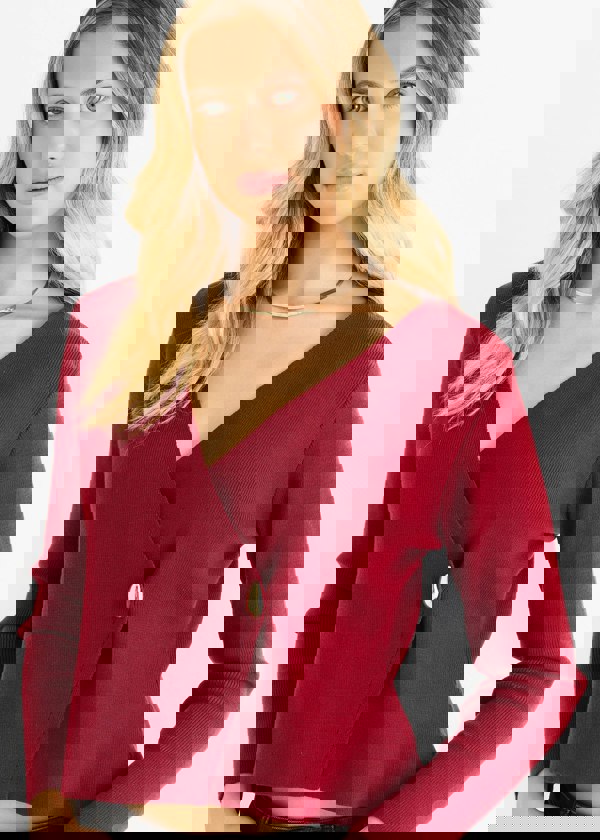 Gini London Burgundy Button Wrap Compact Knit Cardigan