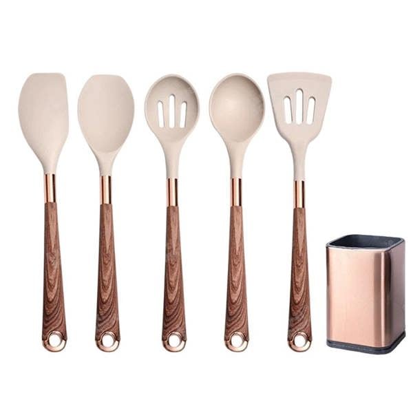 Anygleam Nonstick Kitchen Utensils Set Brown 5pcs Gold Plated Handle with Support Storage Box Heat Resistant Cooking Tools Accessories