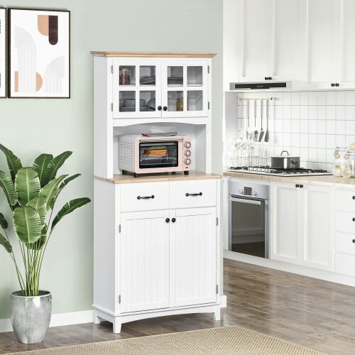 Wyld Haus Fidipa Wooden White Kitchen Storage Cupboard With Glass Doors And Microwave Shelf 172 cm