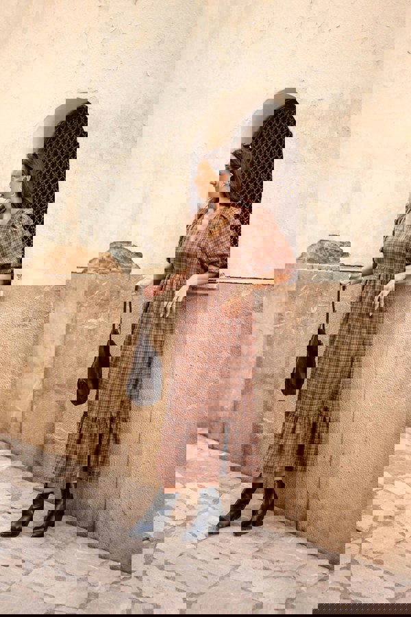 Gini London Brown Cotton Puff Sleeves V Neck Midi Dress