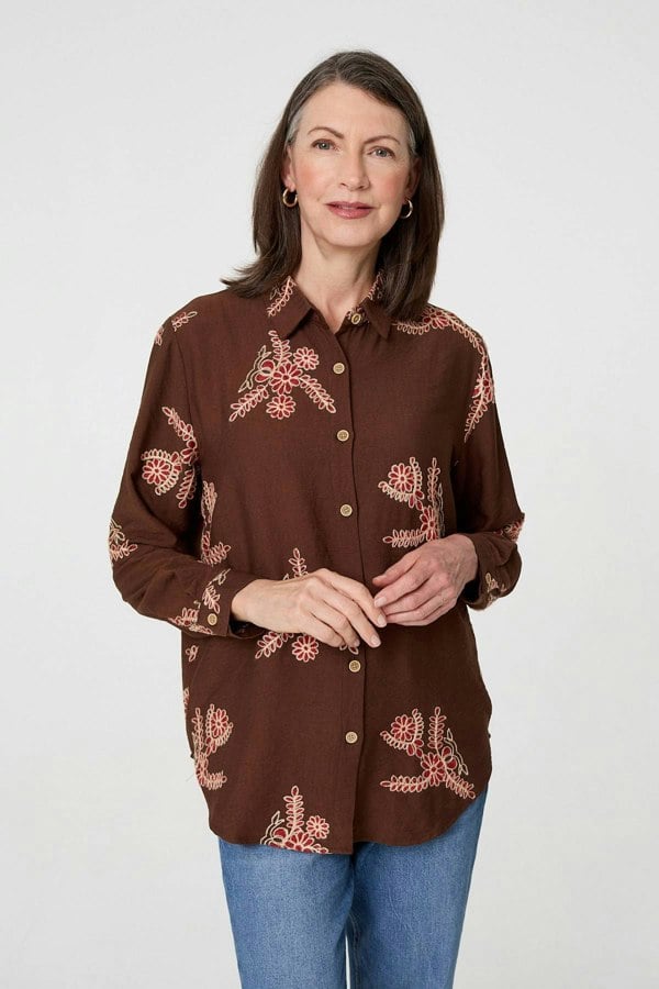Brown | Floral Stitch Detail Long Sleeve Shirt
