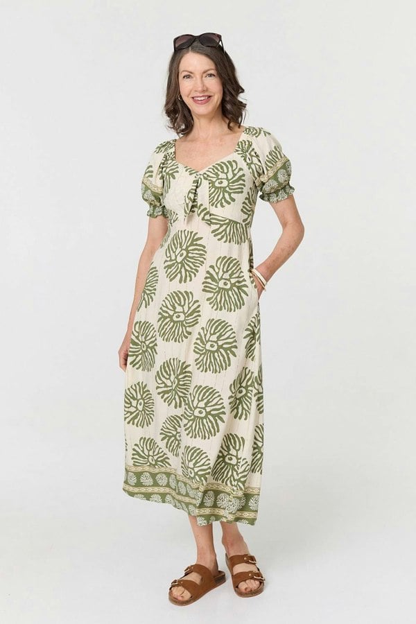 Khaki | Printed Tie Front A-Line Midi Dress
