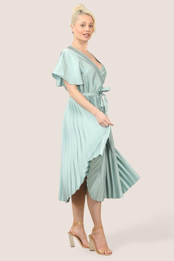 Elaina Fashion Grace Satin Pleated Midi Dress – Effortless Elegance for Every Occasion - Sage