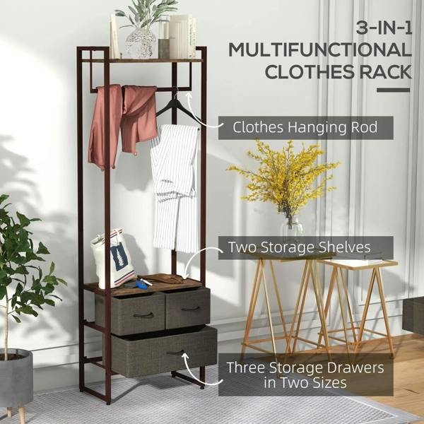 Compact clothes rack with hanging rod, two shelves, and grey storage drawers