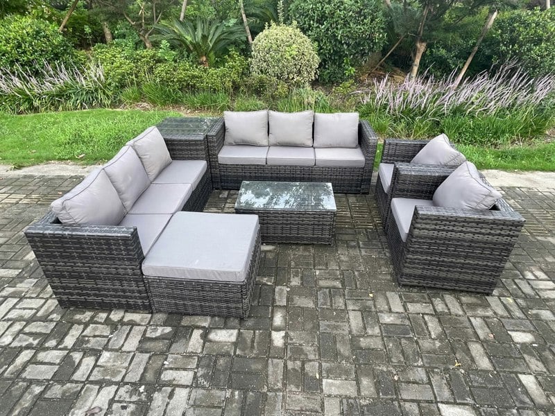 Fimous 9-Seater Outdoor Lounge Sofa Set - Dark Grey Mixed Rattan Garden Furniture with 2 Armchairs & Oblong Coffee Table