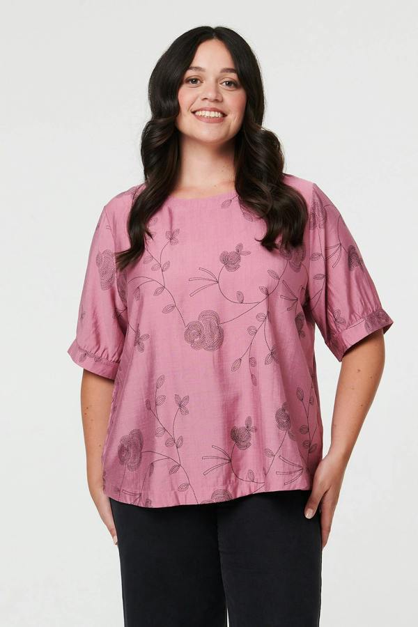 Pink | Curve Floral Short Sleeve Blouse Top
