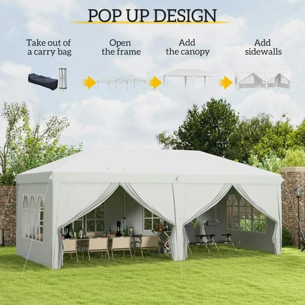 White pop-up gazebo canopy with sidewalls and valances for easy setup
