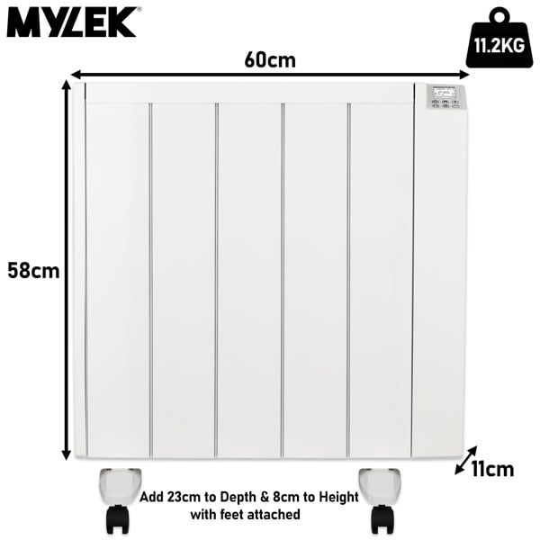 MYLEK Electric Radiator Panel Heater Ceramic White Eco 1500W Bathroom Safe Wall Mounted Or Free Standing With Timer Thermostat