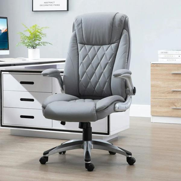 Grey faux leather executive swivel office chair with curved padded armrests