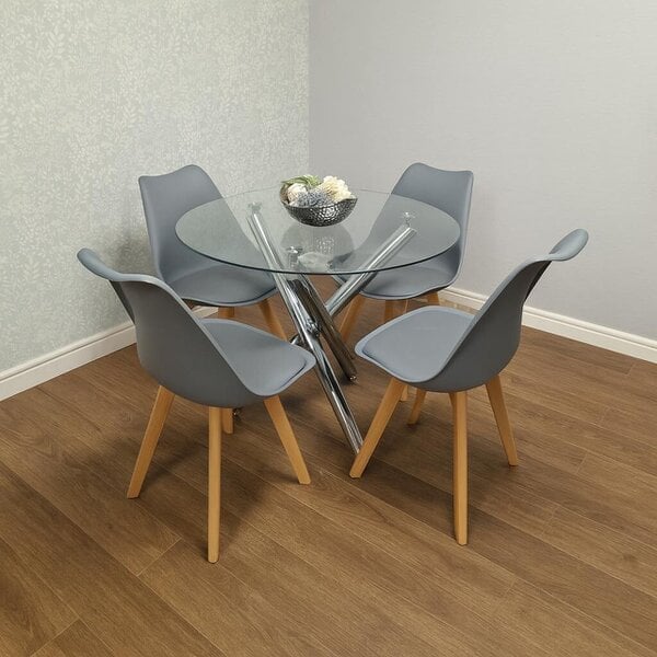 Kosy Koala Round Clear Glass Dining Table Set with 4 Grey Plastic Chairs Modern Dining Room Furniture