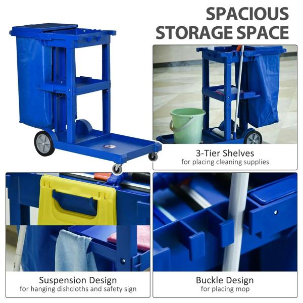 Blue janitor cleaning trolley with multi-tier shelves, hanging hooks and caster wheels
