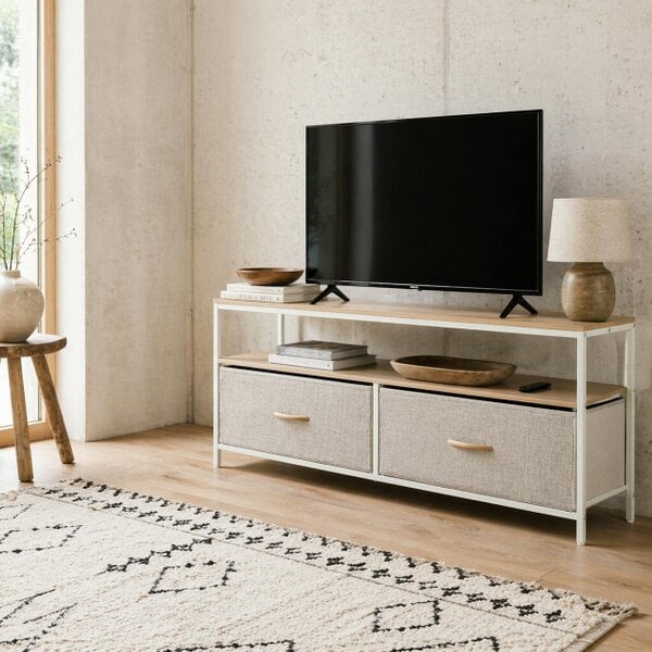 Wyld Haus Rare Elha 98cm Wooden Natural TV Cabinet 2 Fabric Fold Down Storage Drawers