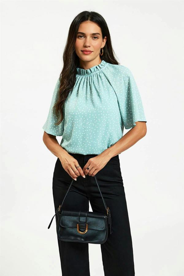 FS Collection Dot Print Short Sleeve Frill High Neck Top In Blue