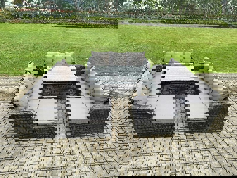 Fimous Patio Rattan Garden Furniture Set with Oblong Rectangular Dining Table 11 Seater Outdoor Lounge Sofa Set Dark Grey Mixed