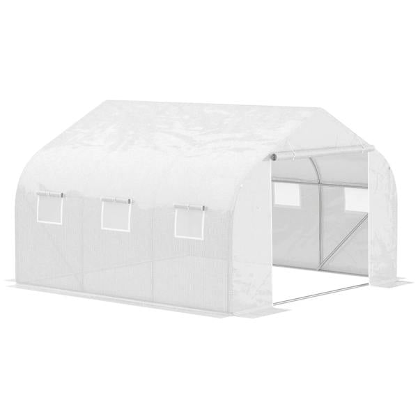 White polytunnel greenhouse with arched cover, door entrance, and side window panels