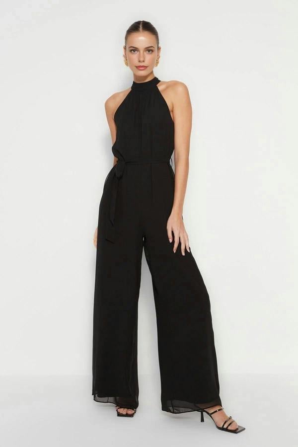 WOVCOR Belted Maxi Chiffon Lined Woven Jumpsuit