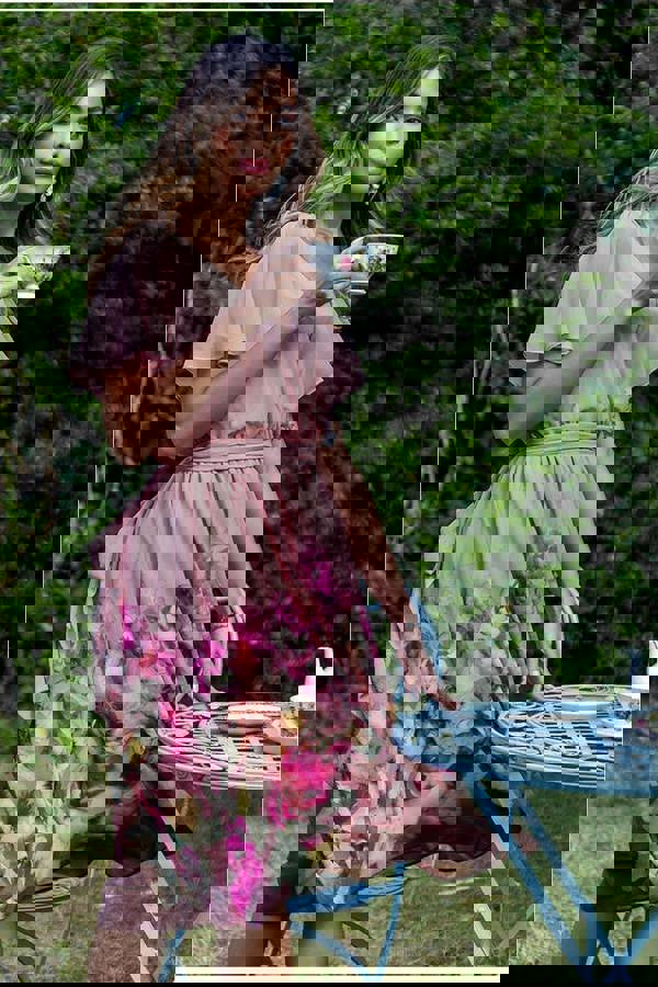 Chiffon Floral Border Print Midi Dress - Blush DR4402